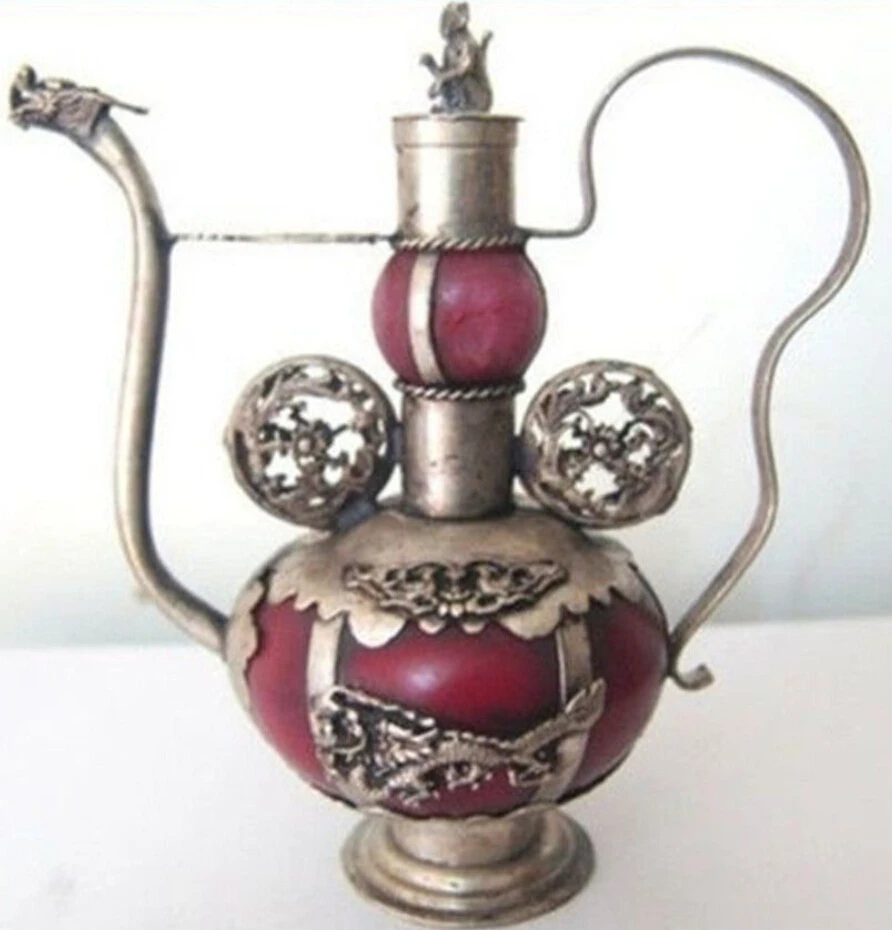 

B0601 522Tibet Silver Red Jade Carving Dragon Monkey Old Teapot statue