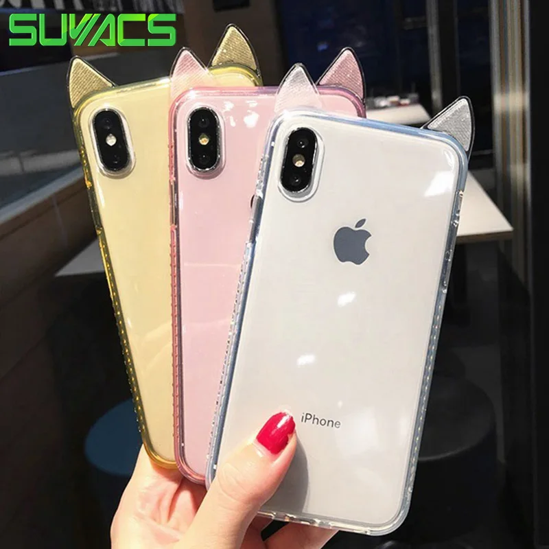 

SUYACS For iPhone 6 6S 7 8 Plus X XS MAX XR Cute Beautiful Glitter With Ears Transparent Soft TPU Graphic Phone Fundas Cover Bag