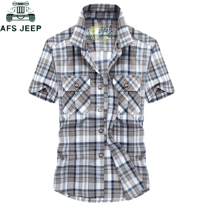 

AFS JEEP Brand Clothing Summer Plaid Men Shirt 2019 Military Casual Short Sleeve Shirts Mens Cotton Turn-down Camisa masculina