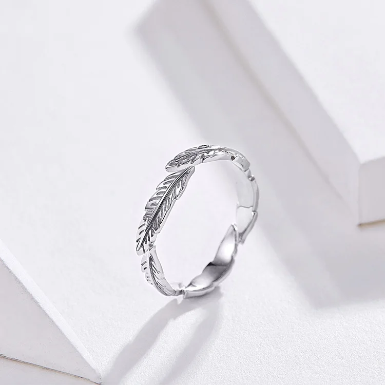BISAER кольцо с перьями 925 пробы серебро Винтаж крылья перо для женщин палец кольца Регулируемый размер Стерлинговое серебро ювелирные изделия ECR517