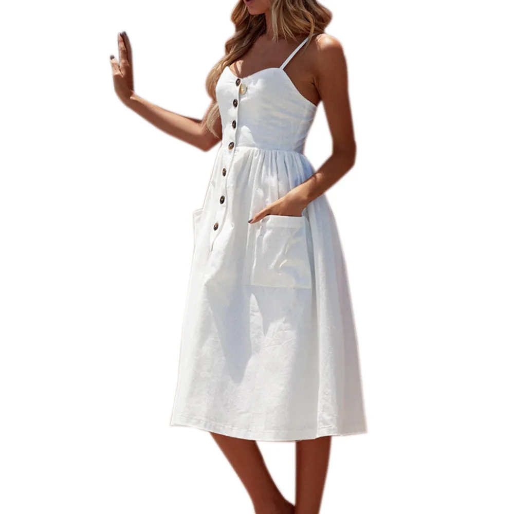 

Bohemian Women Loose Sleeveless Spaghetti Straps Buttons Down Pockets Dress Summer Sexy Ladies Vantage Yellow Dresses Vestido 3#