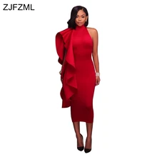 

ZJFZML Hot fashionable popular 2017 bandage dress women red sleeveless ruffle party dress summer off shoulder mid-calf dresses
