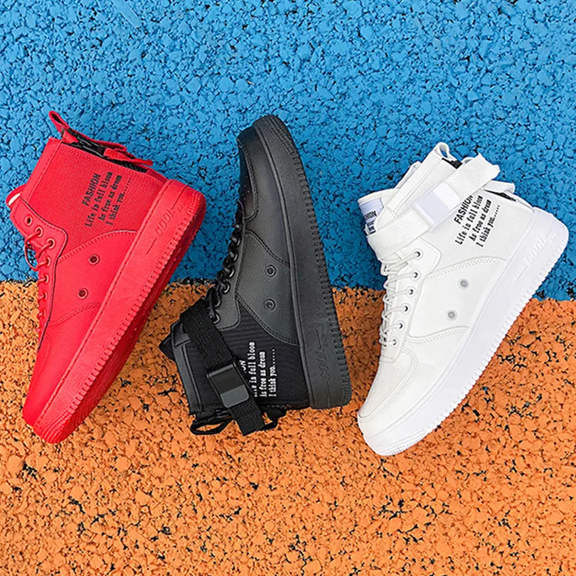 

Spring Autumn Men High-top Vulcanized Shoes Solid PU Lace Up White Letter Prints Buckle Casual Thick Sole Shoes for Men BINHIIRO