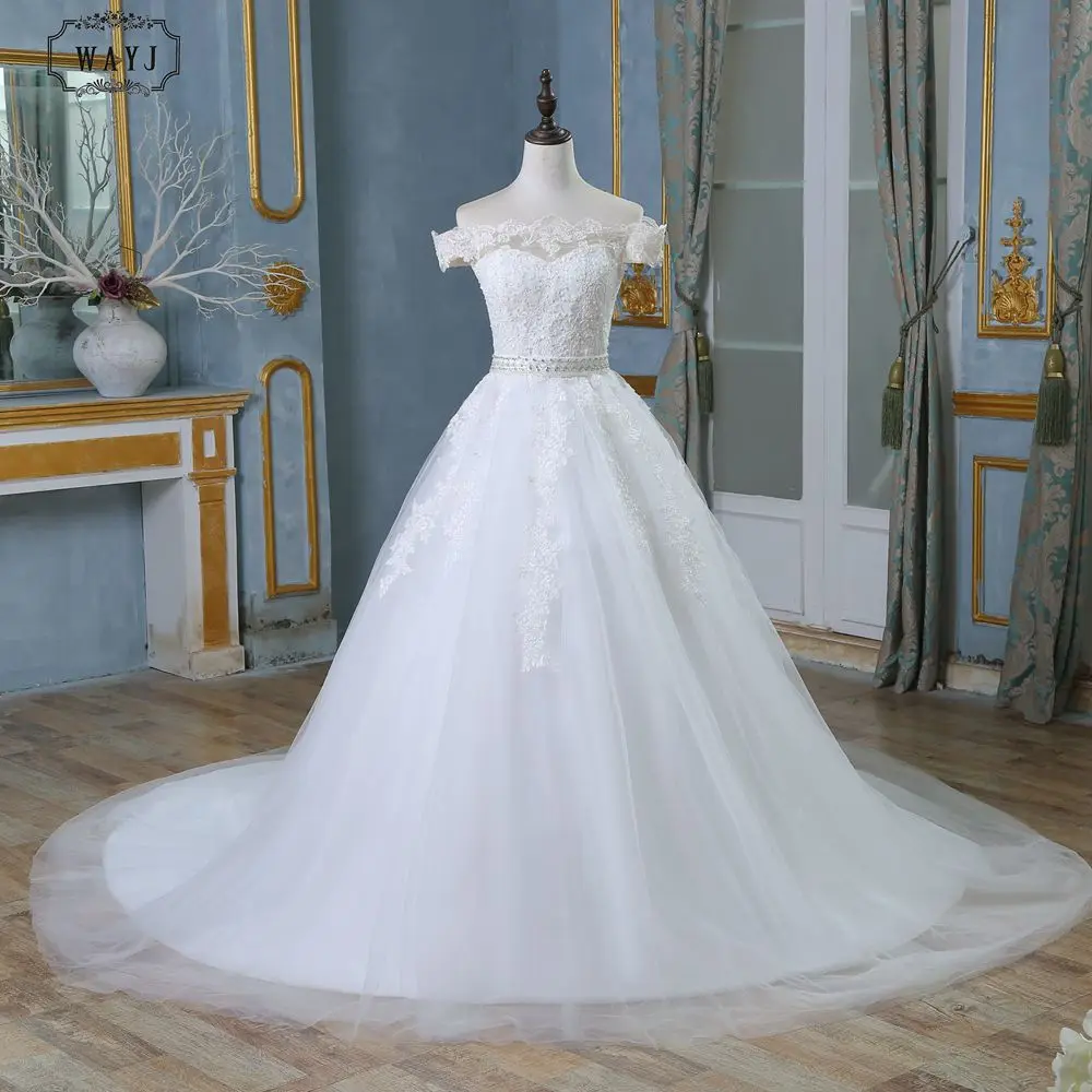 

New Design A-Line Off the Shoulder Wedding Dress 2019 Luxury Pearls Princess Wedding Gowns Beading Belt Custom Vestido De Noiva