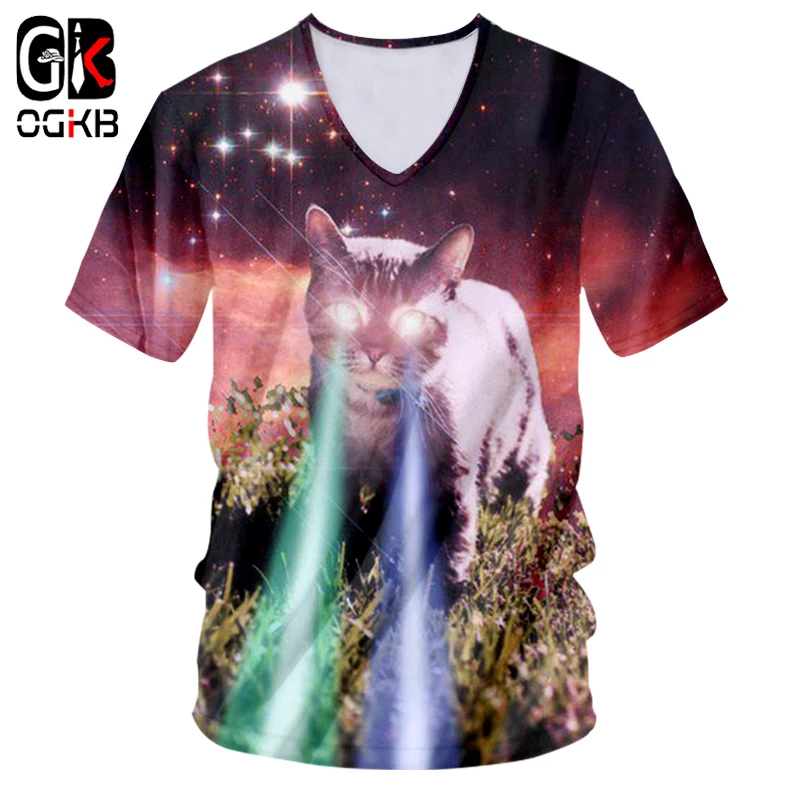 OGKB New Arrival Men's V Neck Tshirt Funny Print Galaxy Space 3D T-shirts Cat Flash Light T Shirts Man Hiphop Streetwear | Мужская