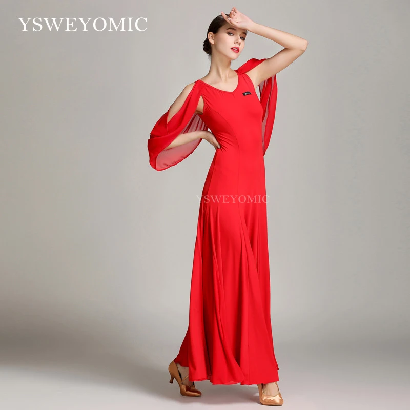 

New Style Red Black Ladies Long Ballroom Dance Dress On Sale Practice Standard Walt Ballroom Dress for Women S9020