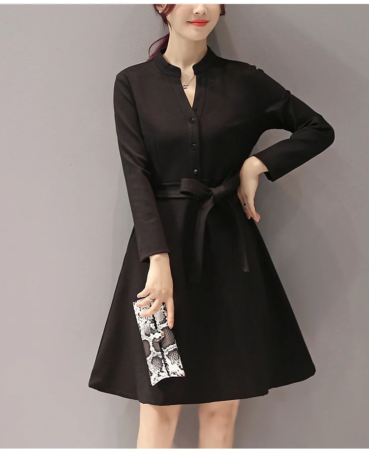 2017 Autumn & winter New Arrivals Women Dress Korean Fashion Slim Bowknot V-neck Long Sleeve A-line Dress Black And Red Dress