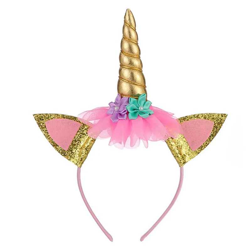 Щепка пастельных оттенков для девочек на день рождения с изображением единорога нарядное платье-пачка в комплекте цветы для обруча девочек пони, единорог тема костюм для Хэллоуина - Цвет: Gold Headwear
