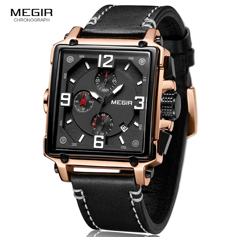 Günstige Megir Lederband Armee Chronograph Quarz Handgelenk Uhren Männer Platz Sport Stoppuhr Mann Uhr Relogios Masculino 2061 Rose