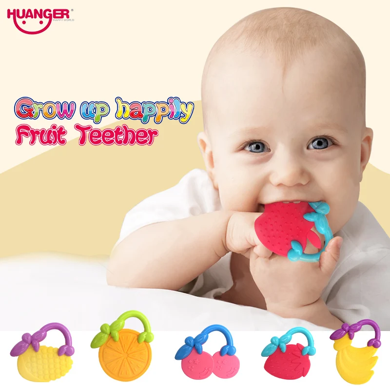 Huanger 4pcs Fruits Teethers Baby biter Rattles Ring Hand Shake Massager Infant Training Tooth Toddler Bell