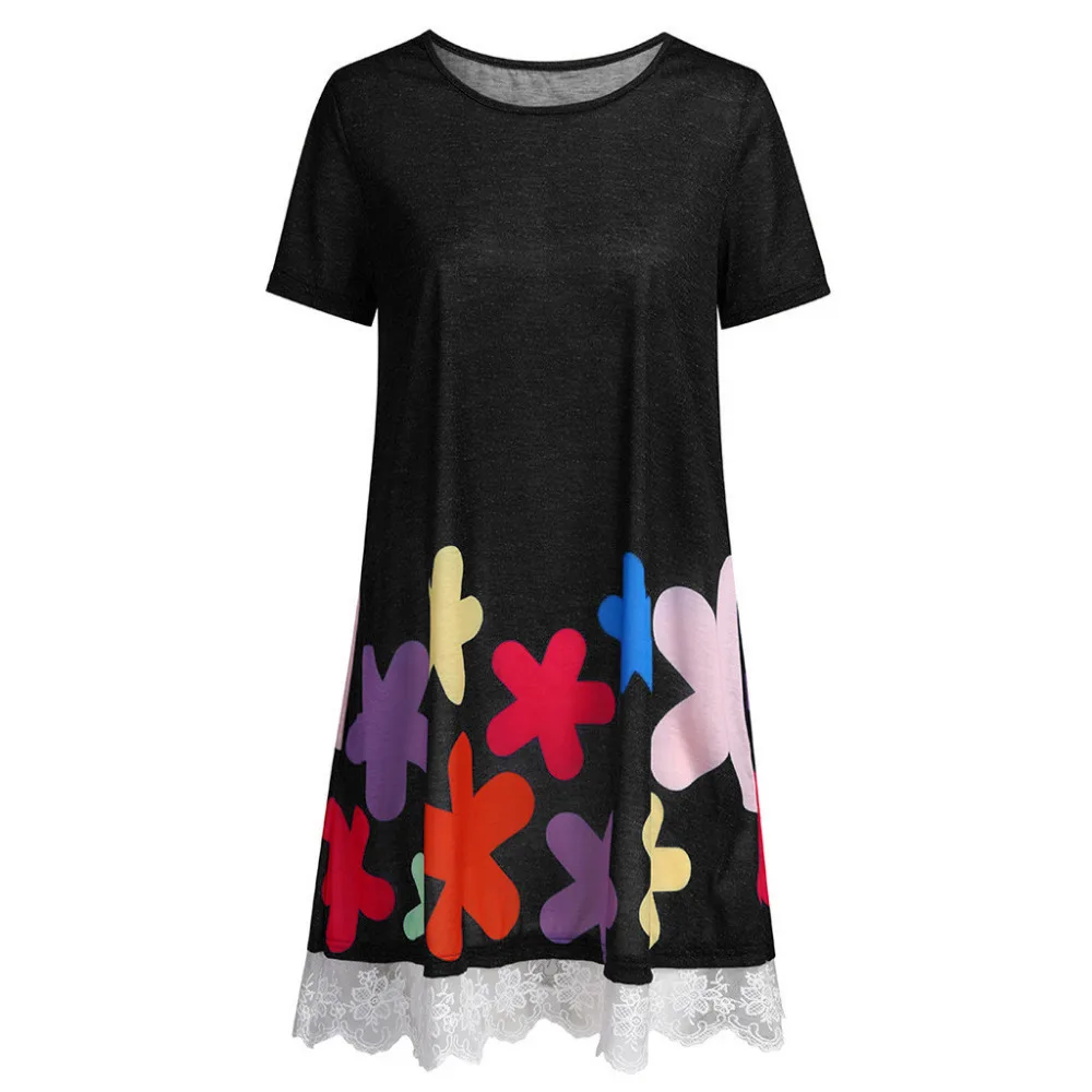 2019 women's summer short-sleeved lace beach dress plus size stitching print casual beach dress long sports dress cover up 40J6 (12)