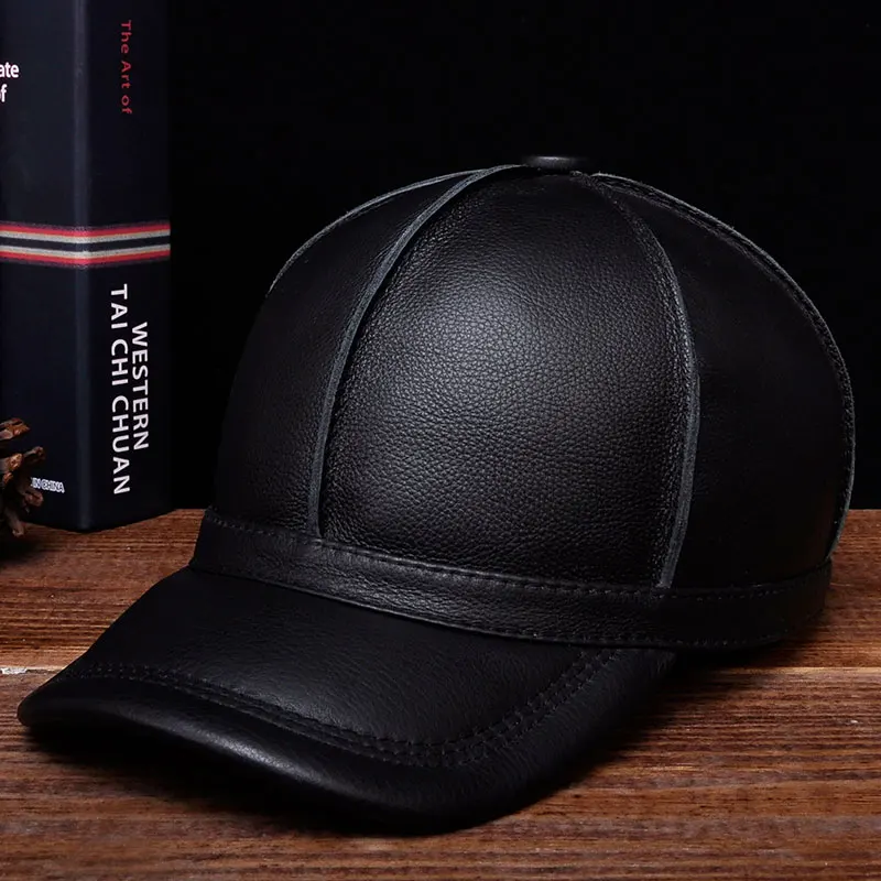 US $25.90 Hl028 Leather Men Baseball Cap Hat New Brand Mens Real Leather Adult Solid Adjustable CapsHats