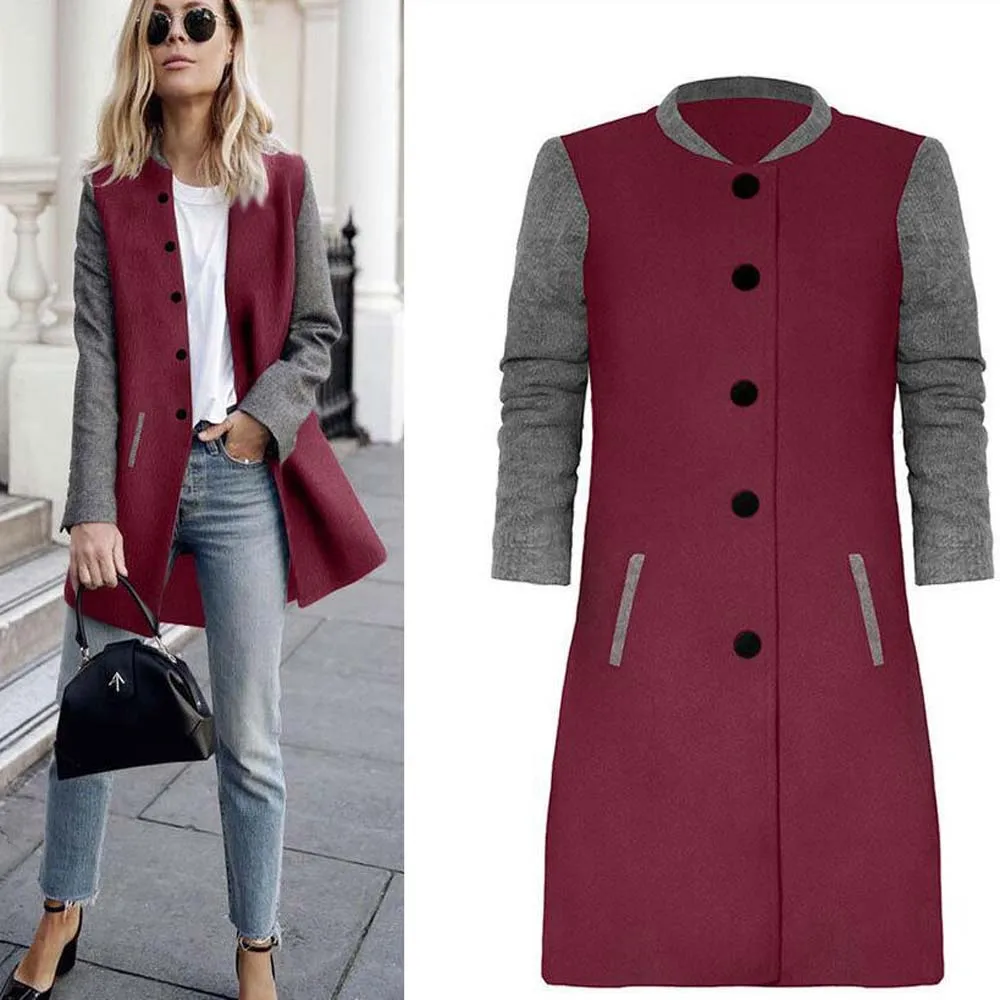 Autumn Long Sleeve Woolen Coat Women Stand Collar Button