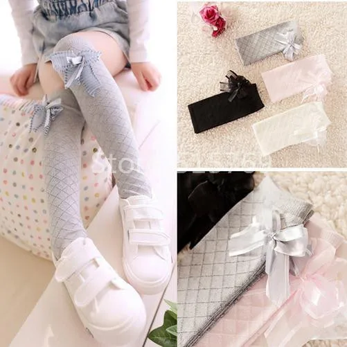 

1 pair Girl's socks children pure cotton princess style Long Sock knee BOOT high socks with lace Leg Warmers Bowknot
