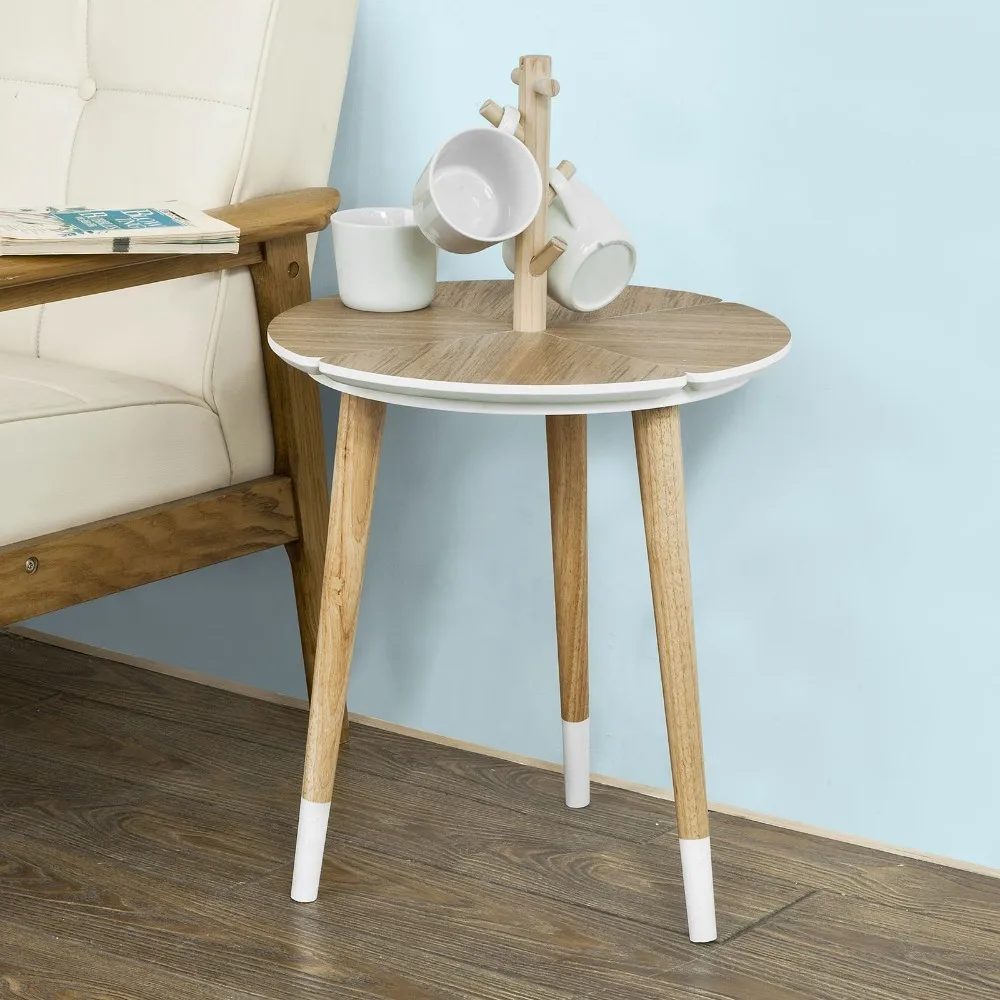 SoBuy FBT38-WN, Round Wooden Side Table, Tea Coffee Table, End Table with 5 Cup Holders