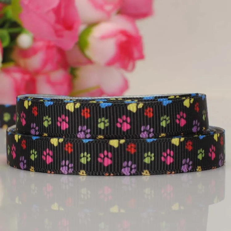 

Free shipping 10yards 3/8 " 9 mm black dog paw cartoon pattern print grosgrain ribbons DIY hair tie