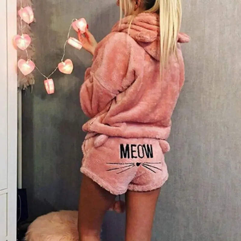 Women Girls Winter Thicken Pajamas Set Cute Cat Meow Embroidered Short Pants Long Sleeve Hooded Ears Sweatshirt Warm Sleepwear