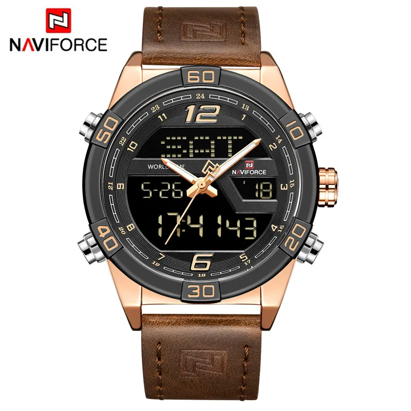Мужские часы от роскошного бренда, мужские кожаные спортивные часы NAVIFORCE, кварцевые светодиодный цифровые часы, водонепроницаемые военные наручные часы 9134 - Цвет: NA912803
