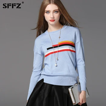 

SFFZ Sky Blue Cotton Women Sweater Jumper 2019 New Sweaters Long Sleeve O-Neck Women Knitwear Slim Sweater Female Pullover