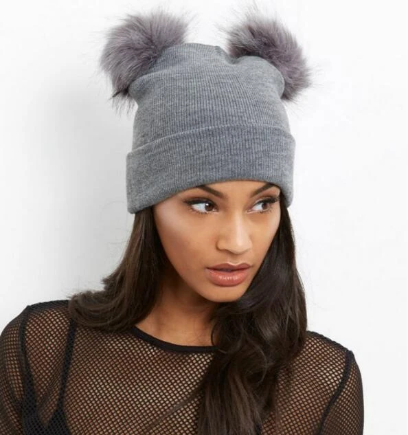 Knit Beanie Hat with Faux Fur Pom-Poms