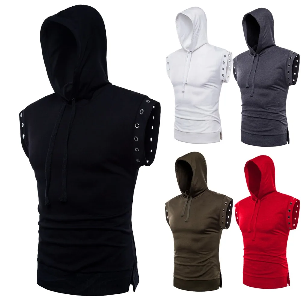 

2019 Summer Men Slim T-shirt Short sleeve Complex Braided Hooded Slim Solid Color Thin hooded t-shirt Hip-hop Sleeveless T-shirt