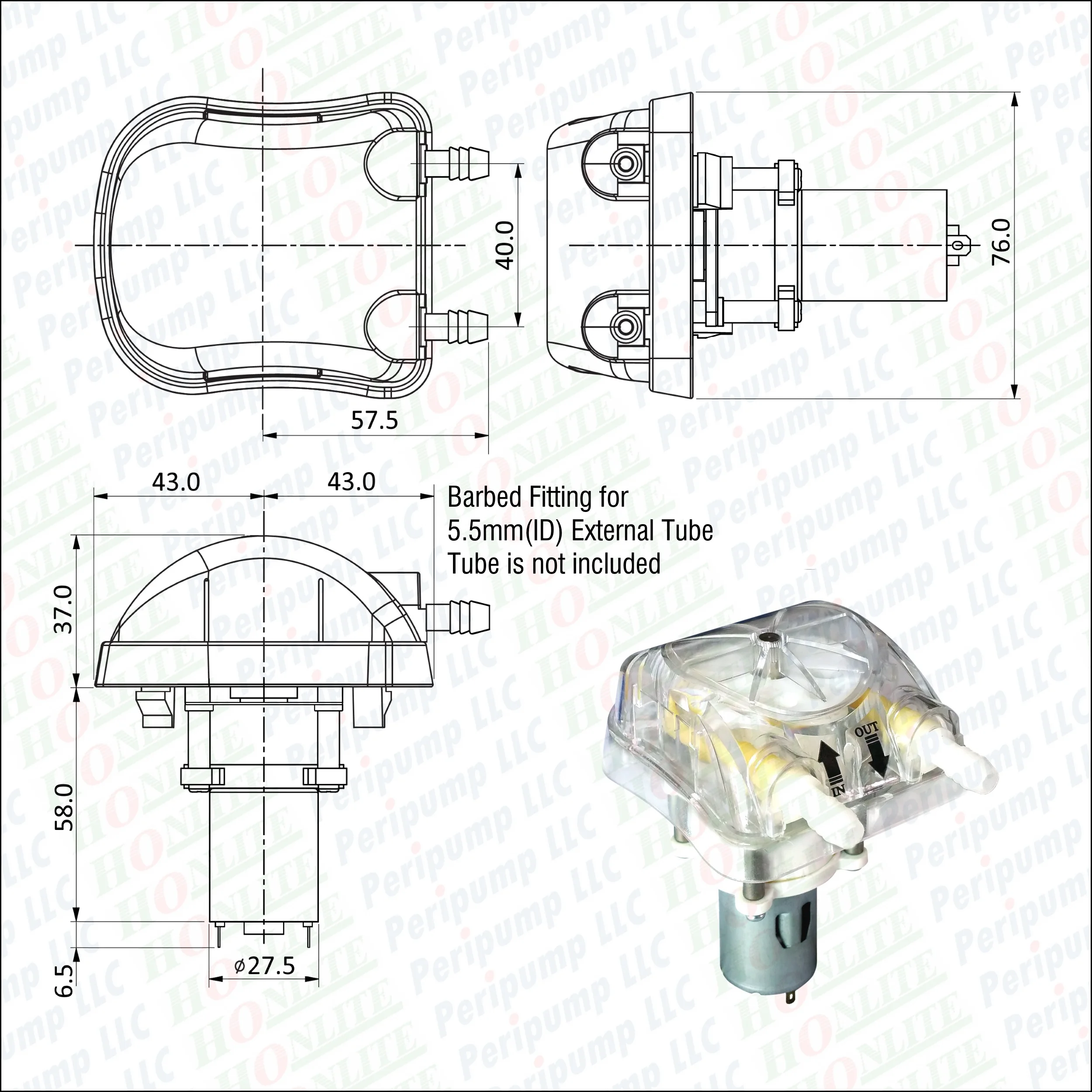 500 мл/мин., 40psi, 24Vdc Honlite перистальтический насос со сменная насосная насадка и фармированная BPT перистальтическая трубка