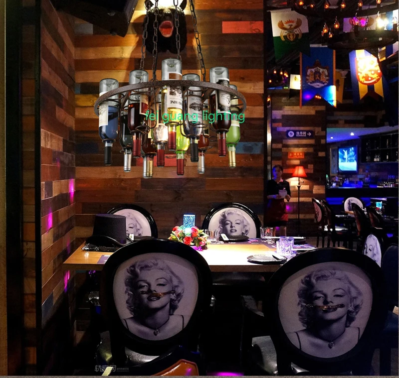 Ретро промышленный стиль лофт люстра креативная Персонализированная бар кафе бар ресторан украшение железная бутылка вина люстра E27