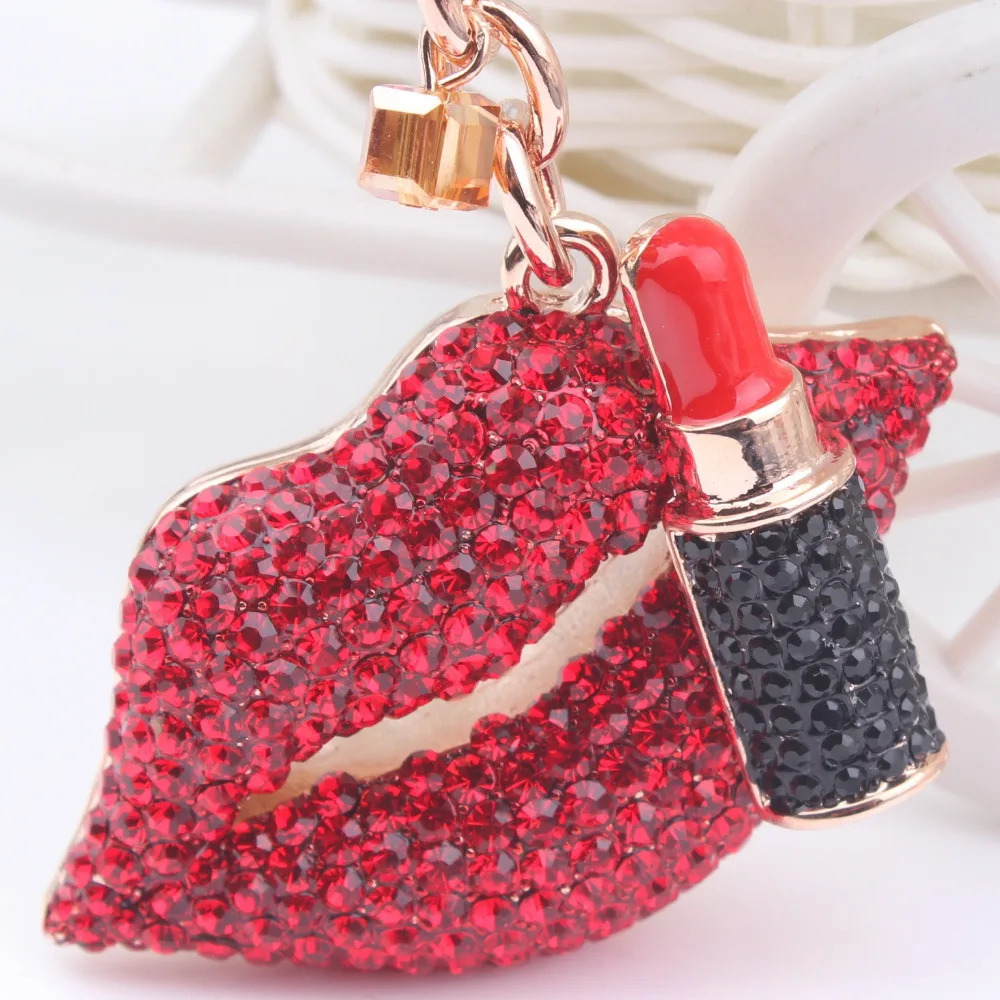 

High quality enamel sexy lipstick rhinestone keychain/2017 key chain women /chaveiros/llaveros/porte clef strass/bag accessories