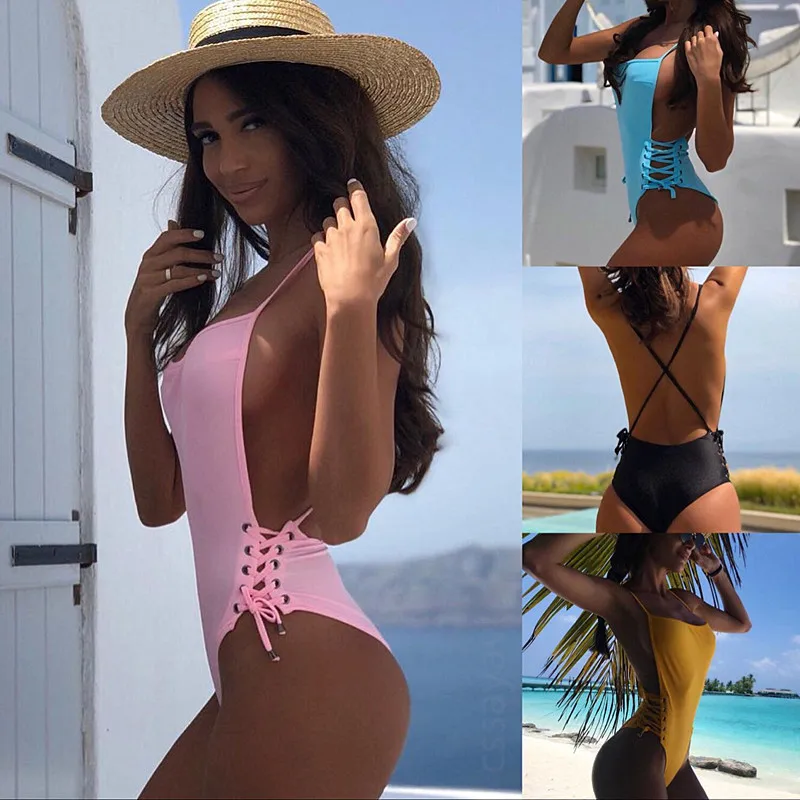 

Sexy Swimsuit Bikini Indoor Female Onepiece Bride Swimsuits One Piece New 2019 Solid Color Tong Bind Punch Polyester Swimsuit