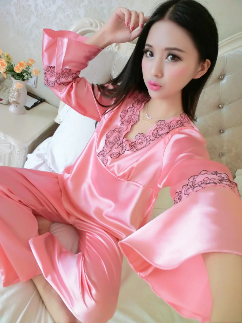 Весенний женский сексуальный шелковый пижамный комплект в стиле ретро с длинными рукавами, комплект для сна, 11 цветная вышивка, пижамы для отдыха, большие размеры