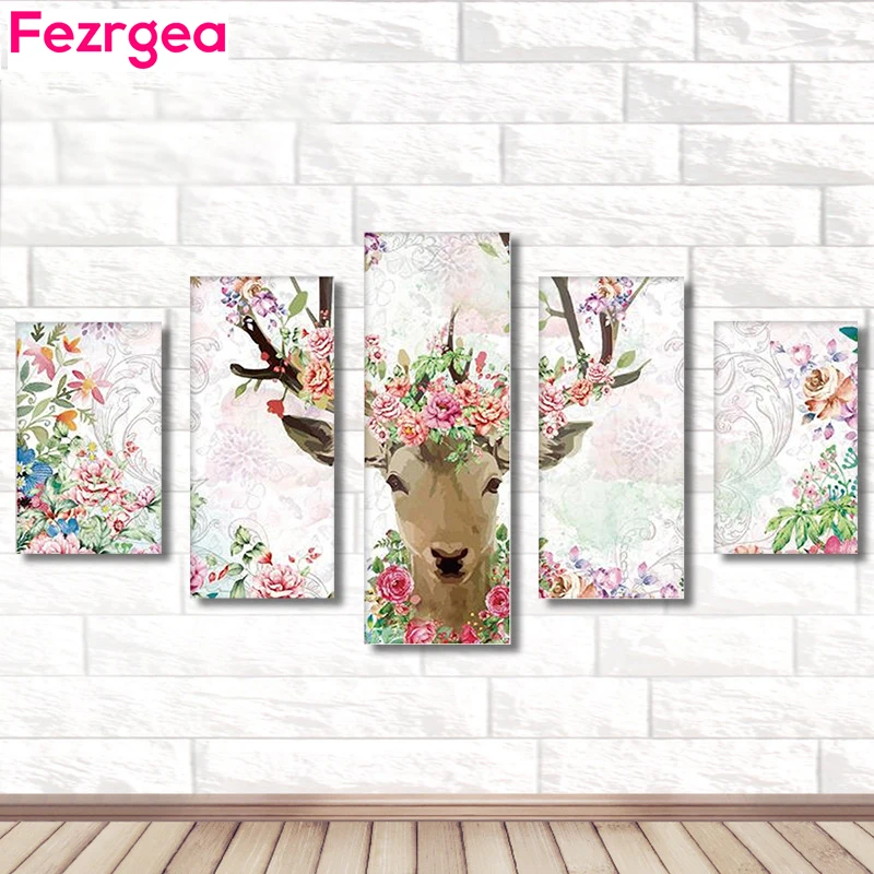 

Fezrgea New Arrival 5pc 5D DIY Full Drill Round Diamond Painting Elk Multi-picture Combination Embroidery Mosaic Home Decor