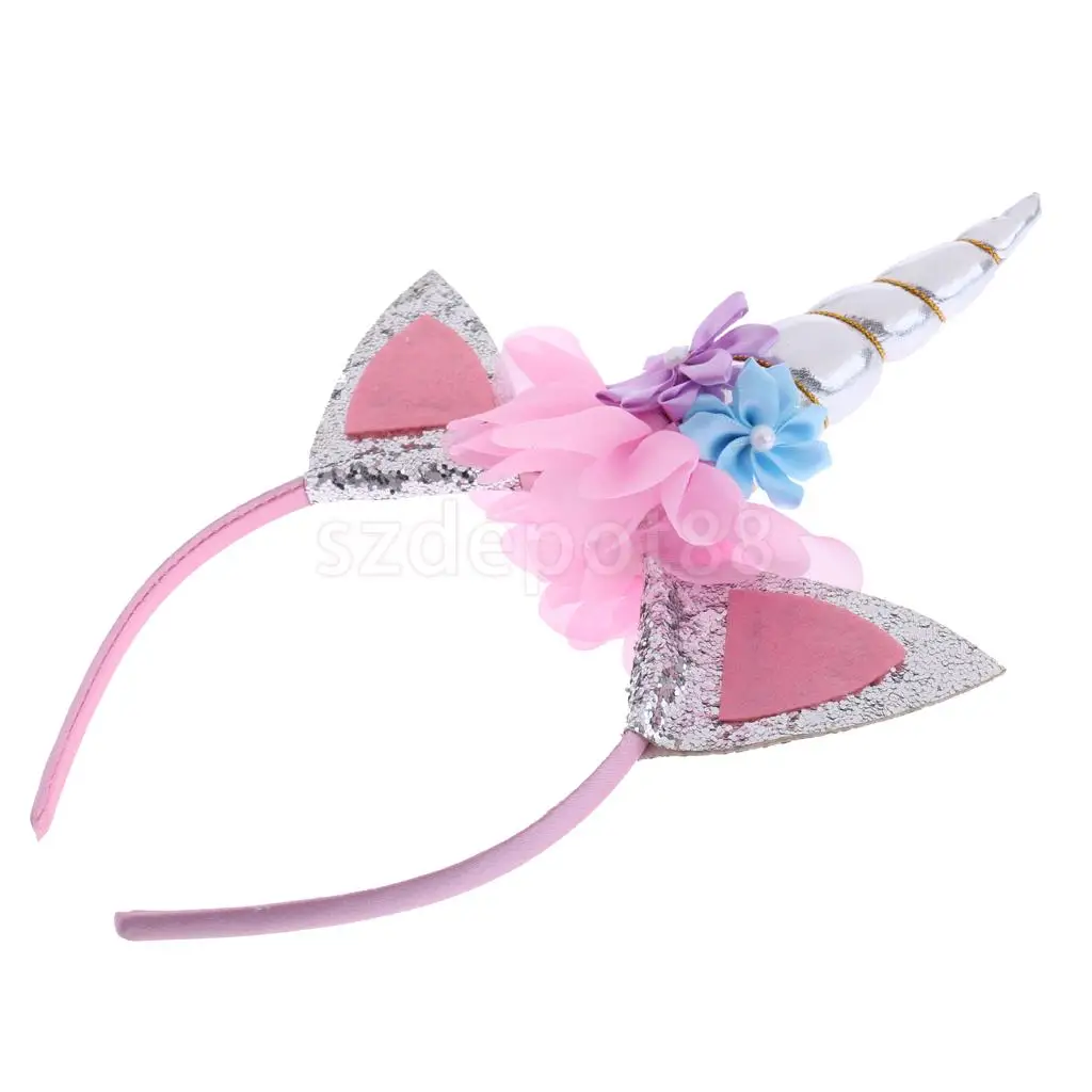 Girls Magical Unicorn Horn Ears Headband Fancy Dress Costume Glitter Gold/silver