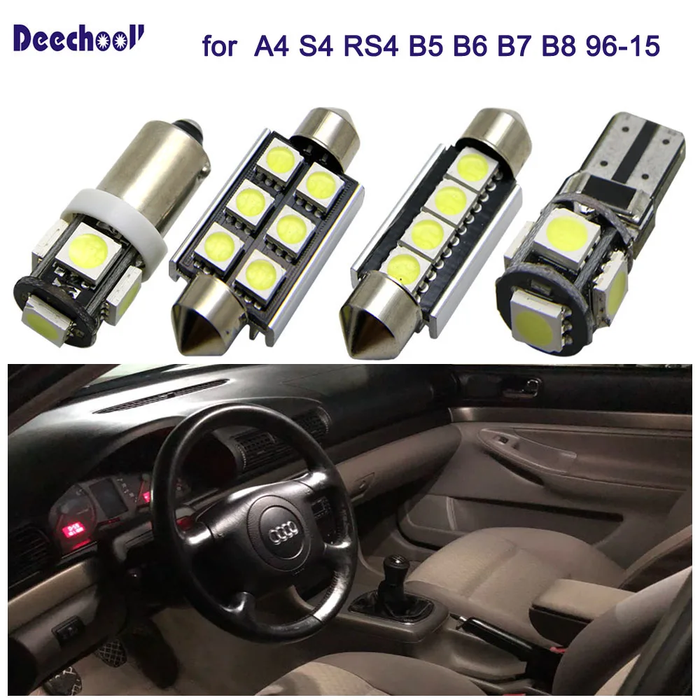 Tanie 25 sztuk żarówki LED samochodowe dla Audi A4 S4 RS4 B5 B6 B7 B8 96 15 błąd canbus bezpłatne LED oświetlenie wewnętrzne kopuła mapa napowietrznych zestaw oświetleniowy