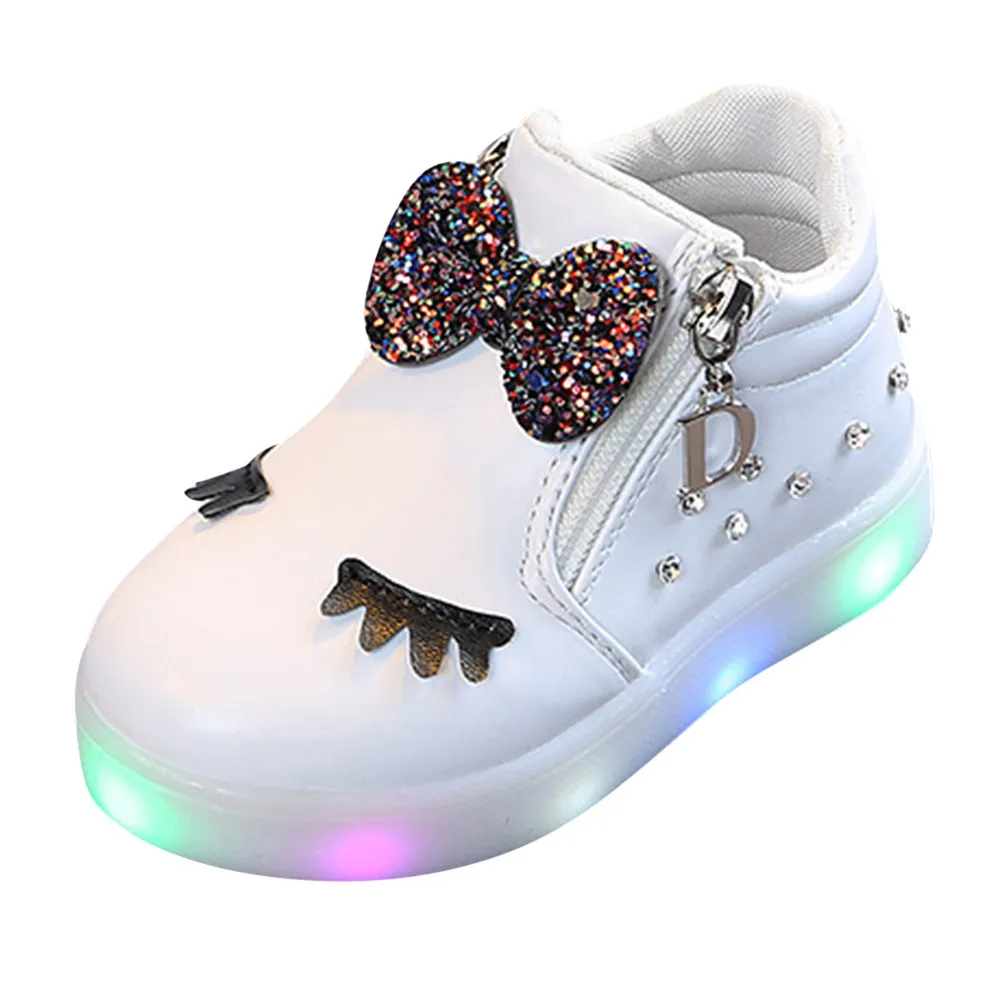 Детские кроссовки для маленьких девочек; светодиодный бант; Светящиеся ботинки; спортивная обувь; кроссовки; Sapatos Infantil Menino; детская обувь с подсветкой - Цвет: White