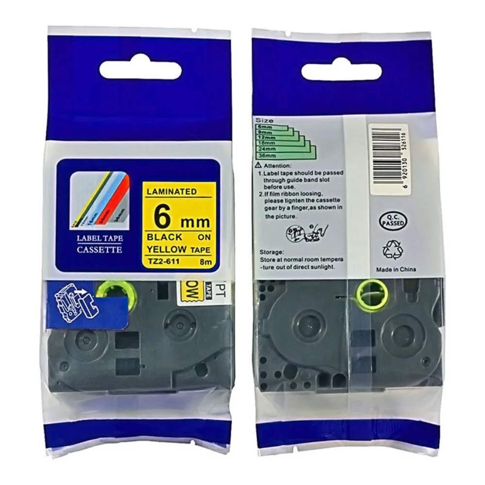

TZ LAMINATED TZE-611 TZe611 tz611 tz-611 p touch 6mm BLACK ON YELLOW LABEL TAPE TZe 611 TAPES Ptouch LABEL