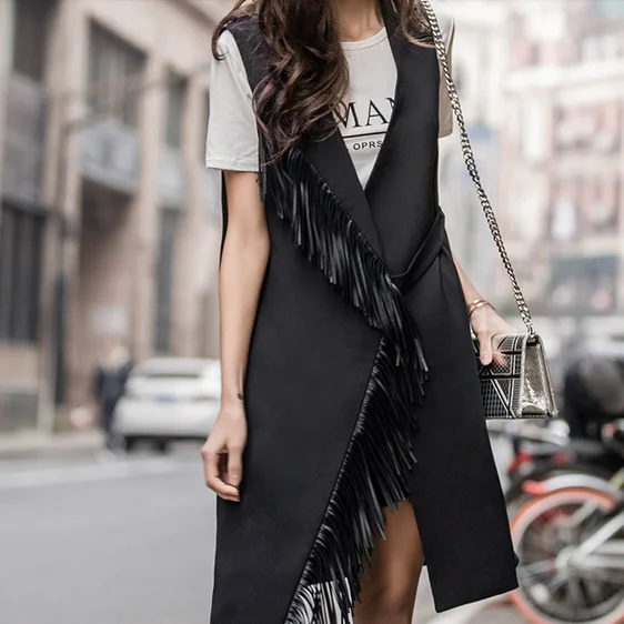 

2018 New Arrival Solid Women Vest Chalecos Mujer Female Long Spring And Autumn Suit Tassel Loose Wide Collar Waistcoat