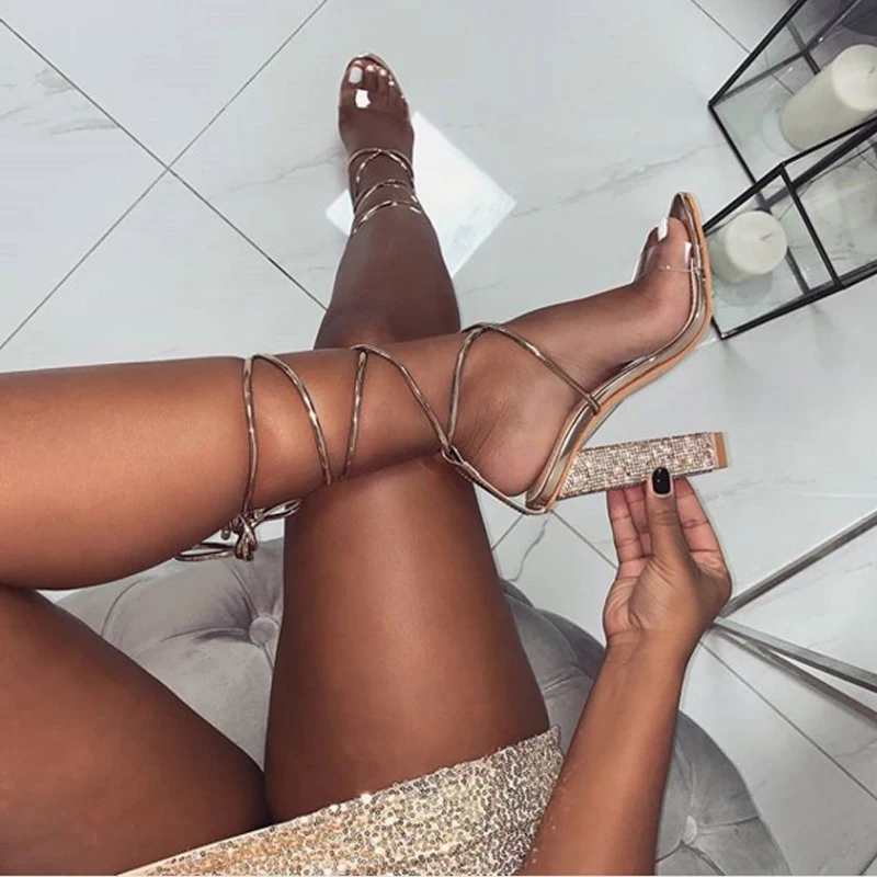 

Fashion Gold Sandals Women Transparent Open Toe Cross Bandage Lace Up Ankle Strap Square Block High Heels Crystal Party Pumps
