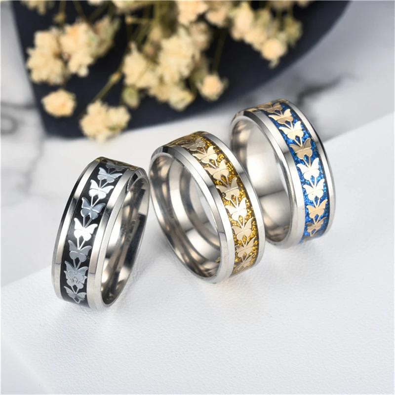 ROMAD Fashion Butterfly Rings for Women/Men Stainless Steel Jewelry 8mm Blue/Gold/Black Personality Wedding Ring Size 6-13 R4