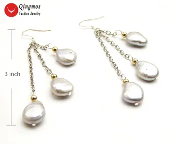 

Qingmos Trendy Gray Natural Pearl Earrings for Women with 3 PCS 14mm Oval Coin Freshwater Pearl Dangle Earring Jewelry 3" ear725