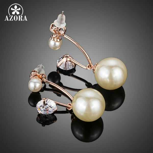 AZORA Rose Gold Color Clear AAA CZ V Design Earrings Drop with Pearl for Women TE0206