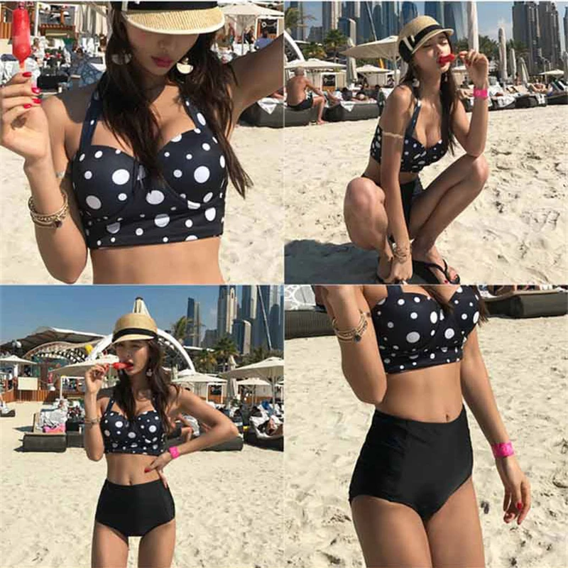 

2019 Black Polka Dot High Waist Bikini Swimsuit Women Bandage Push Up Swimwear Two Pieces Bathing Suits