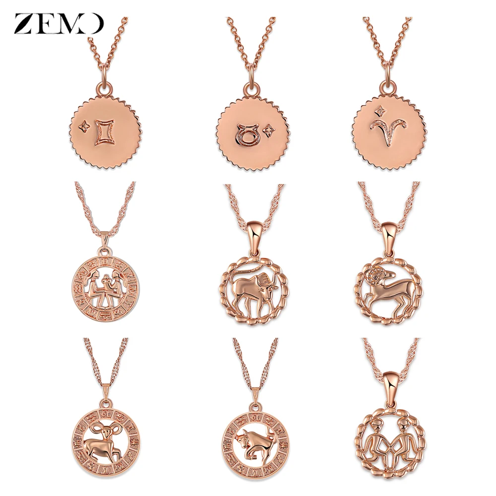 

ZEMO Round Coin 12 Constellation Necklaces Rose Gold Choker Zodiac Sign Necklace Women Horoscope Astrology Necklace bijoux femme