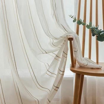 

Single Panels Kitchen Tulle Curtains For Living Room Decoration Yellow Striped Voile Curtains Panel Window