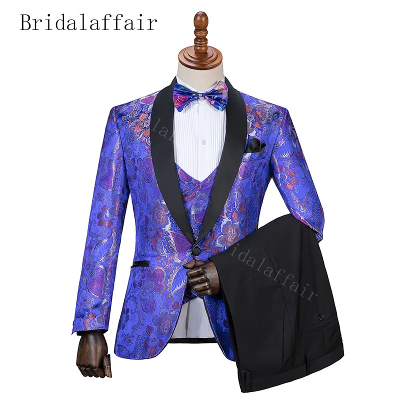 Bridalaffair ярко-голубой цветок для мужчин костюмы Slim Fit смокинг дружки Best Man Terno Masculino Slim Fit Куртка брюки жилет s костюмы