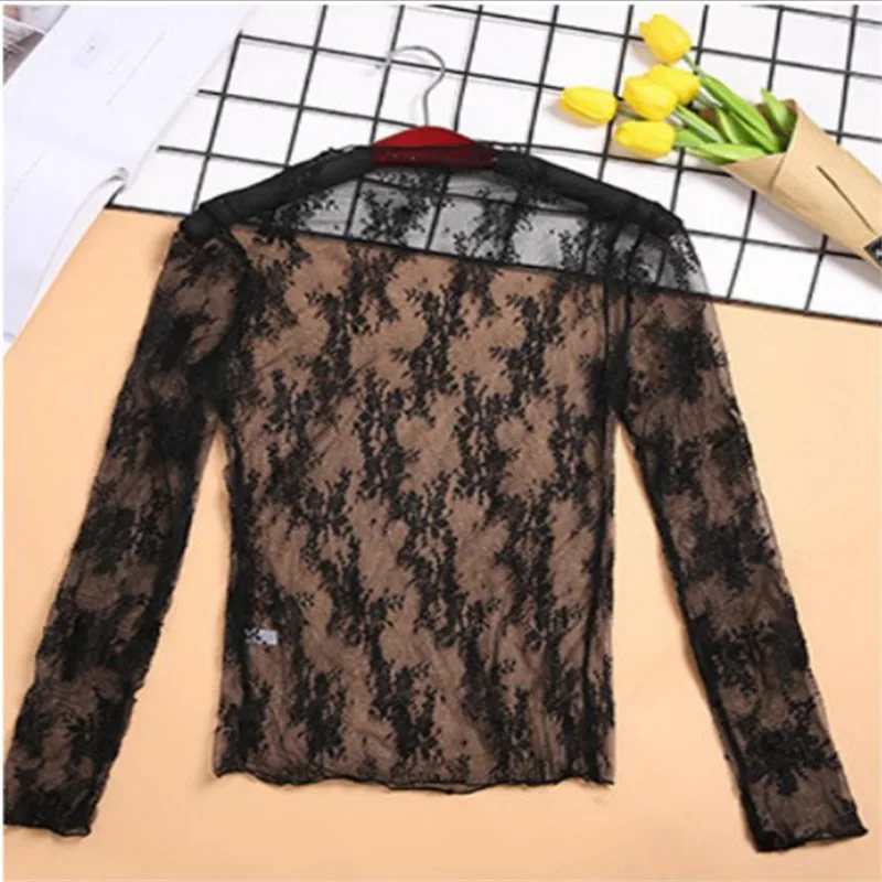 

Women Sexy Mesh Lace Shirt Top See Through Ondershirt Base Top Transparante Long Sleeve T-shirt