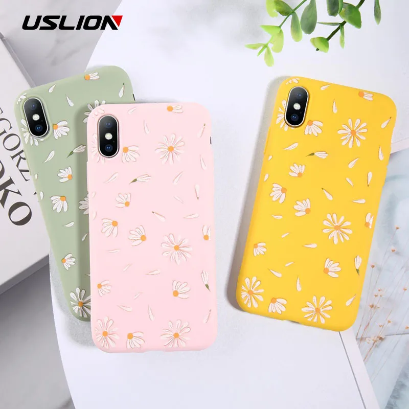 

USLION Candy Color Flower Soft Phone Cases For iPhone 6 7 6s 8 Plus Daisy Floral Silicone Cover For iPhone X XS XR XS Max Cases