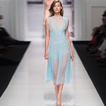 

New Spring / Summer 2018 Lace suspender Bright Blue Dress Patchwork Holiday Pleated Mesh Chiffon Sweet Dresses Two-piece Dress