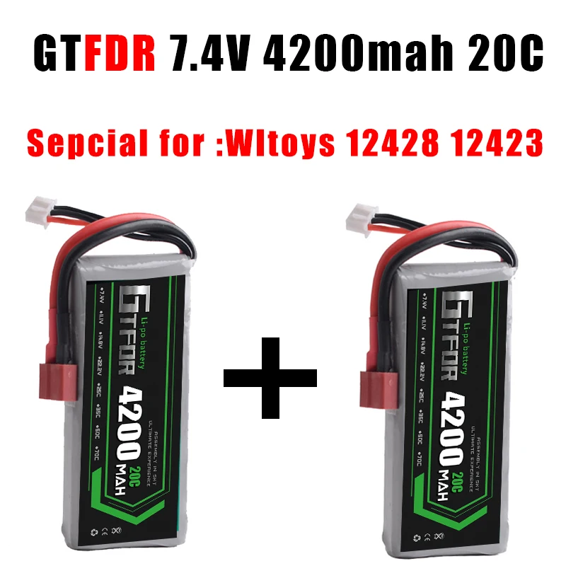 

GTFDR 2PCS Rc Lipo Battery 2S 7.4V 4200mah 20C Max 40C for feiyue 03 Wltoys 12428 12423 1:12 RC Car Spare parts
