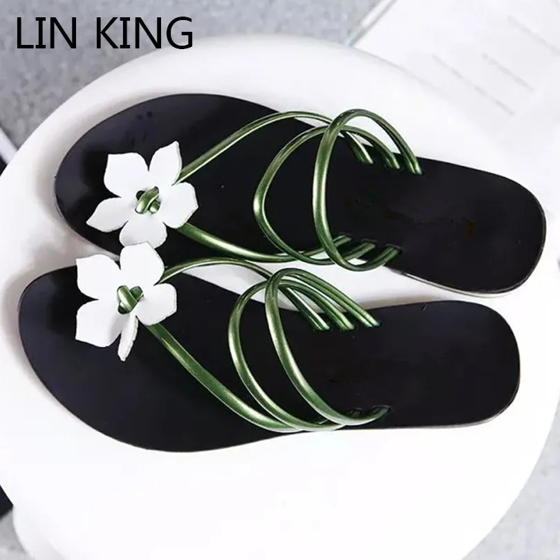 

LIN KING Fashion Solid Flower Women Summer Beach Flip Flops Lady Slippers Comfortable Low Heel Outdoor Slippers Buty Damskie
