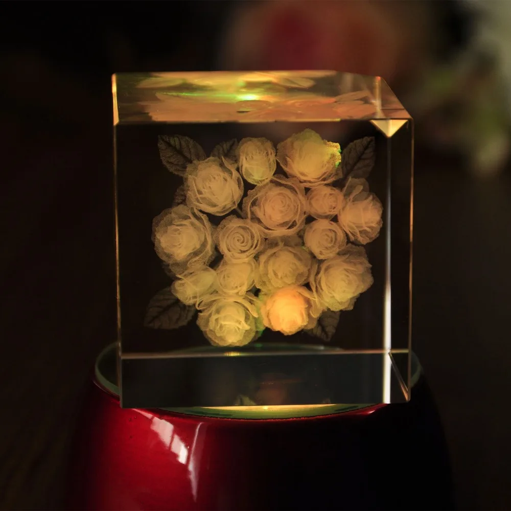 

H&D Paperweight 3D Laser Etched Crystal Craft Rose Flower Figure Display Light Base Decor Home Holiday Wedding Decor&Gift Mascot